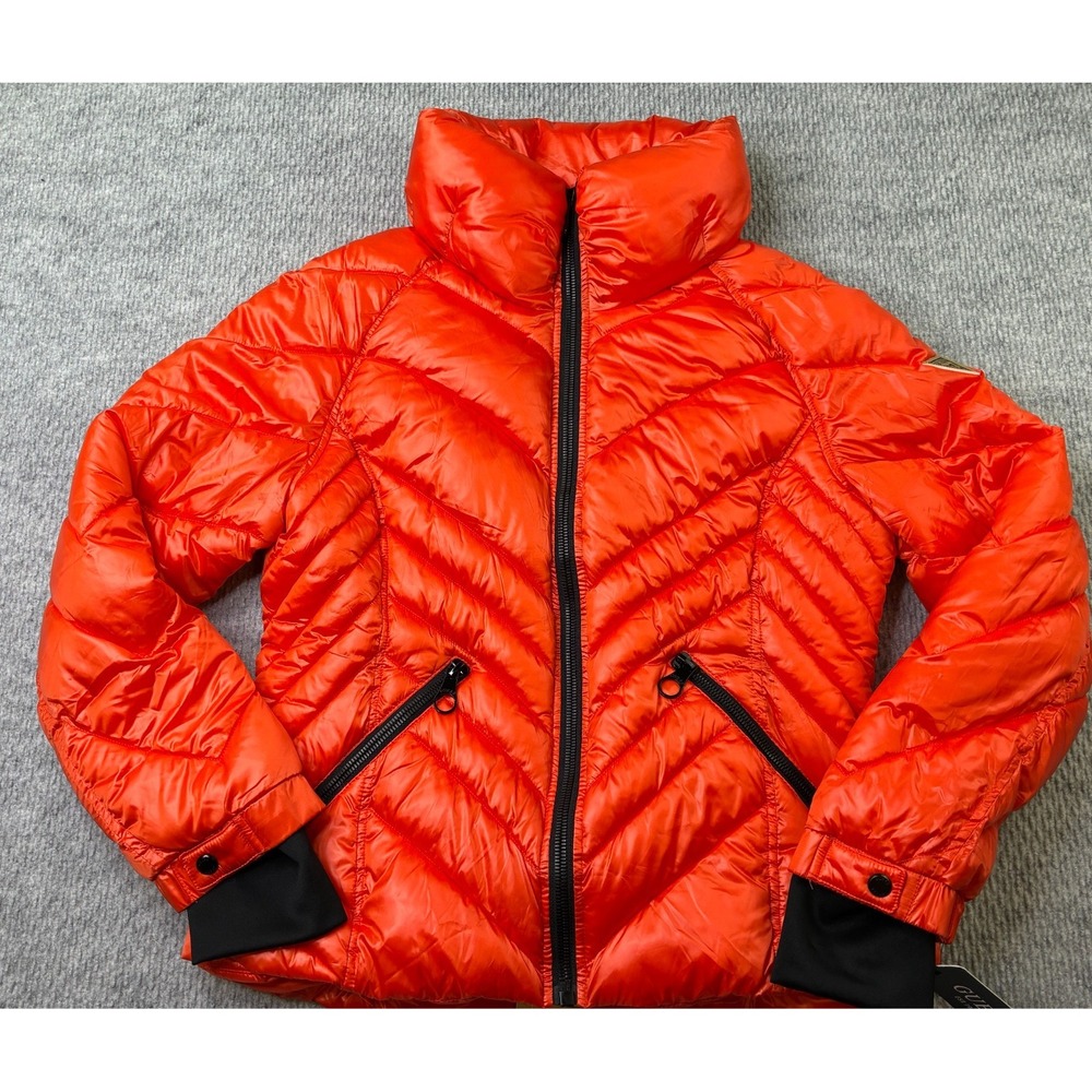 GUESS Womens Large Orange Quilted Puffer Jacket High Collar Full Zip NWT